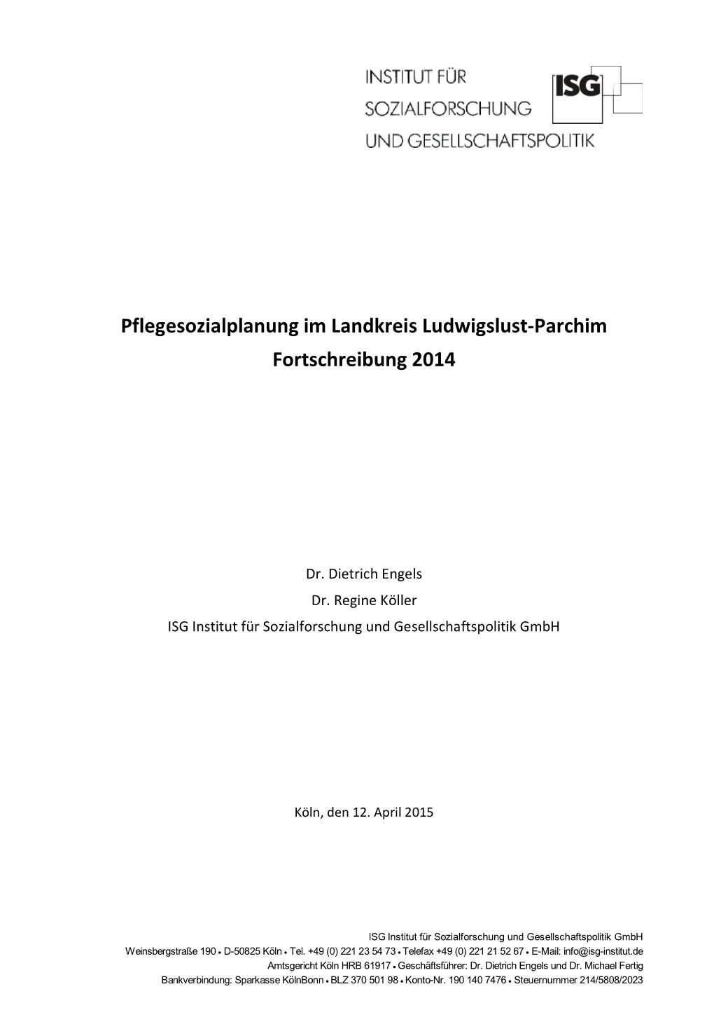 Pflegesozialplanung Im Landkreis Ludwigslust-Parchim Fortschreibung 2014
