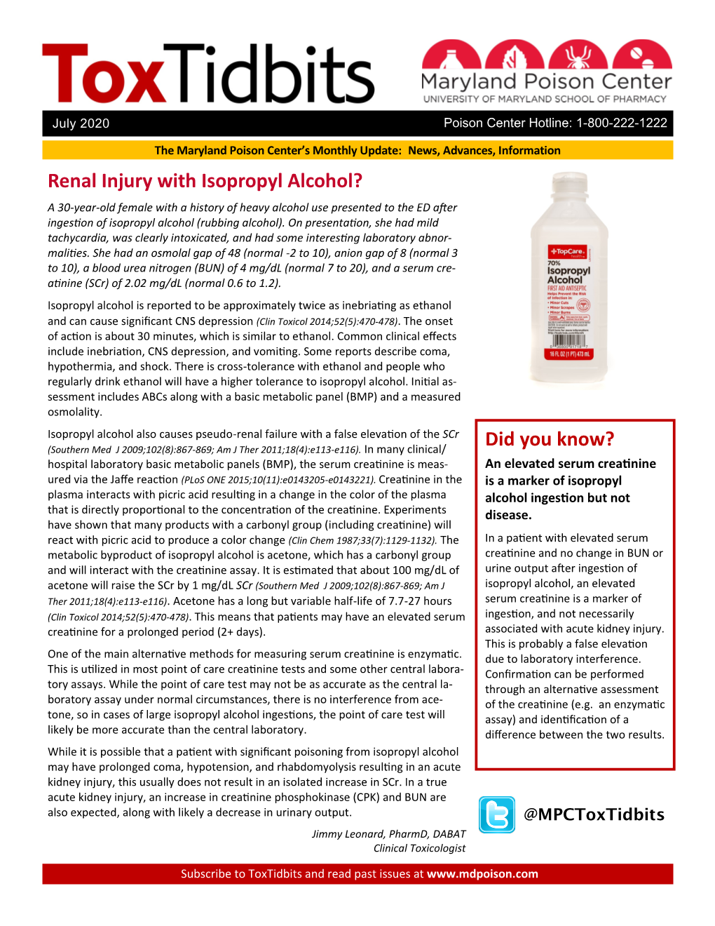 Renal Injury with Isopropyl Alcohol? Did You Know?