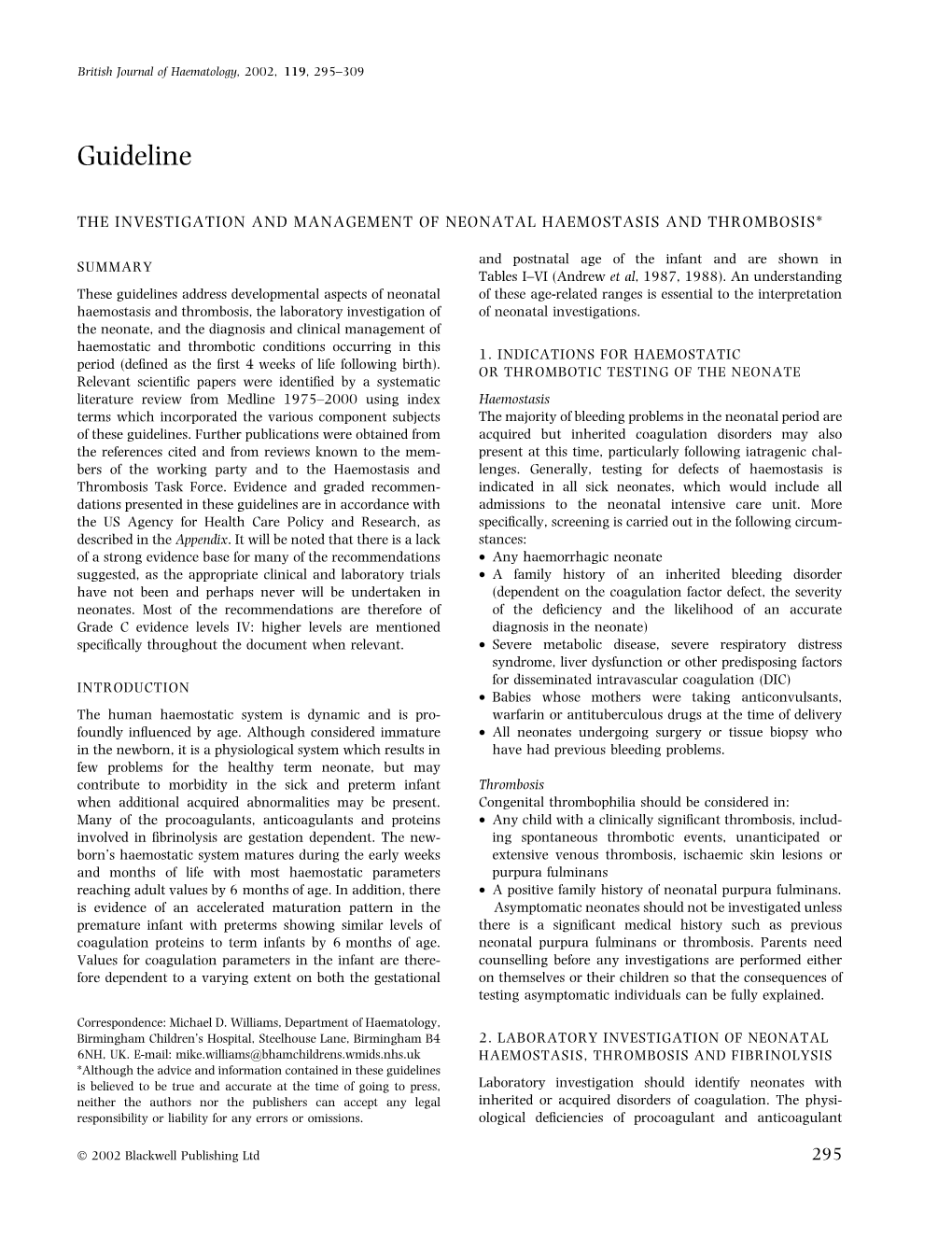 BCSH Guidelines for Neonatal Haemostasis and Thrombosis