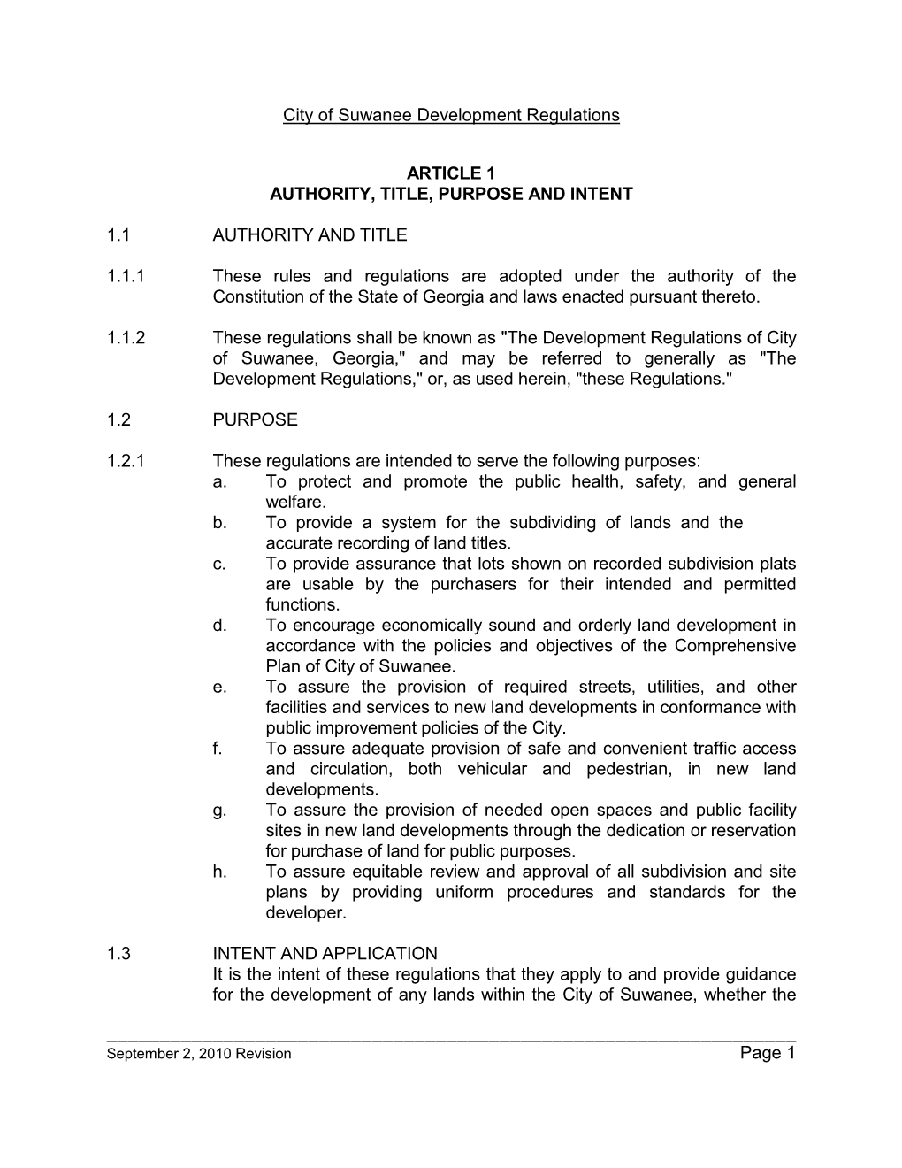 Article 1 Authority, Title, Purpose and Intent