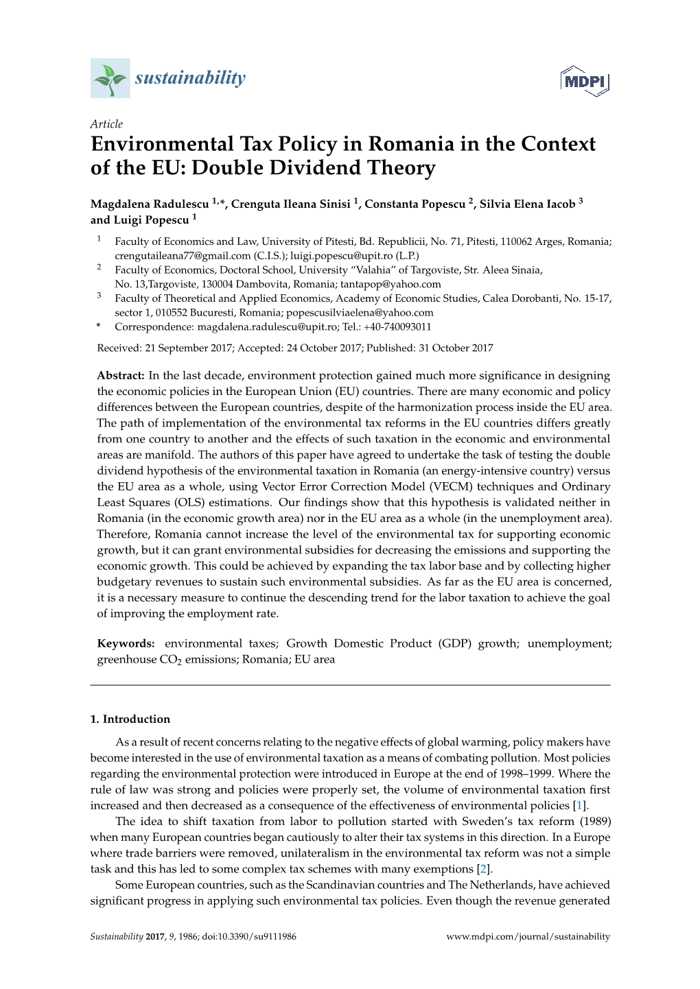 Environmental Tax Policy in Romania in the Context of the EU: Double Dividend Theory