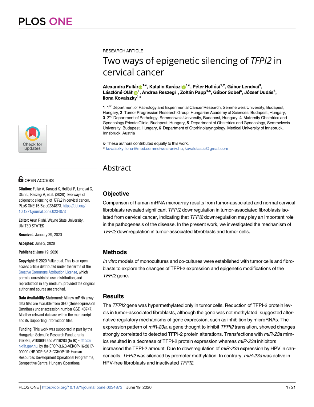 Two Ways of Epigenetic Silencing of TFPI2 in Cervical Cancer