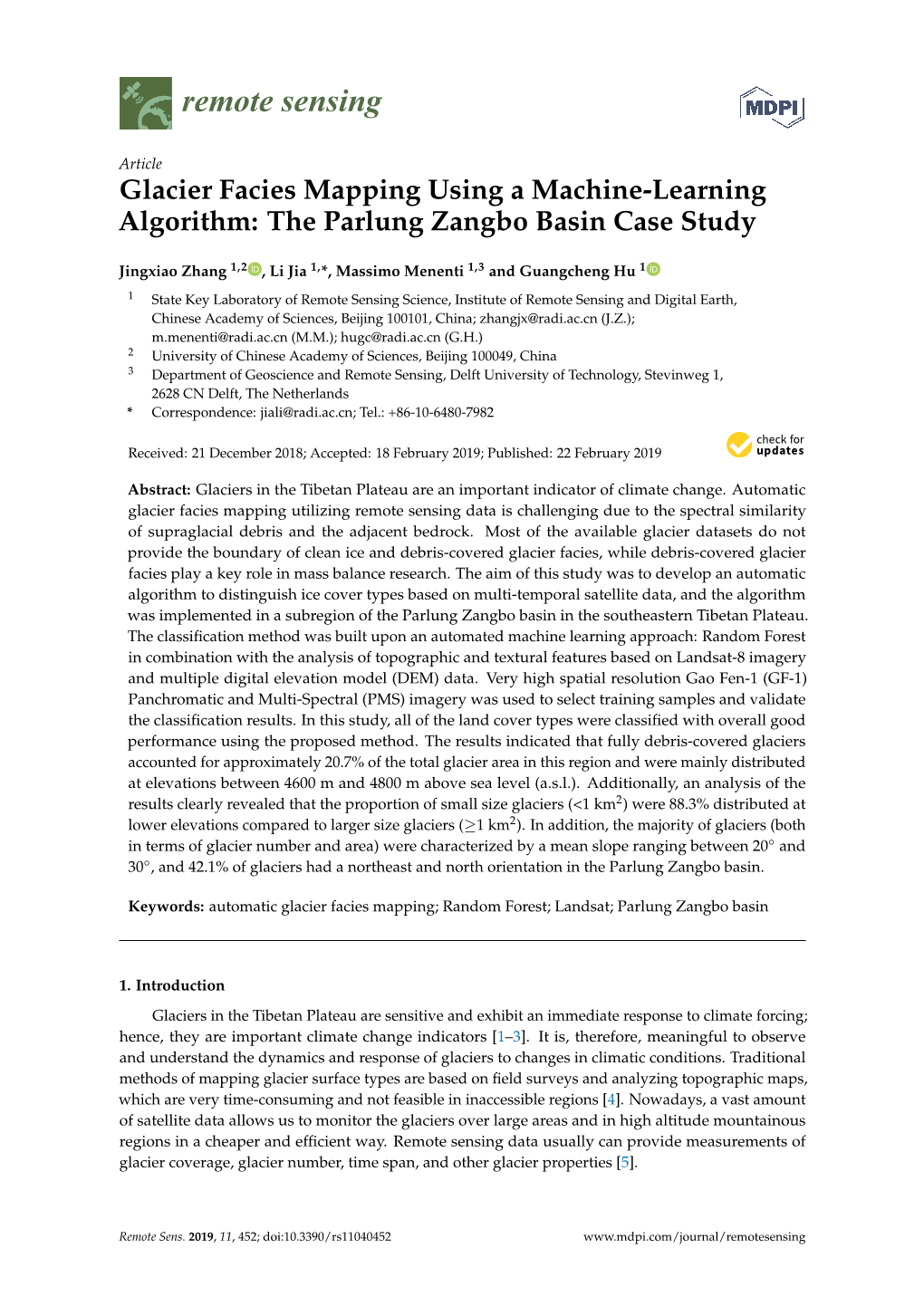 Glacier Facies Mapping Using a Machine-Learning Algorithm: the Parlung Zangbo Basin Case Study