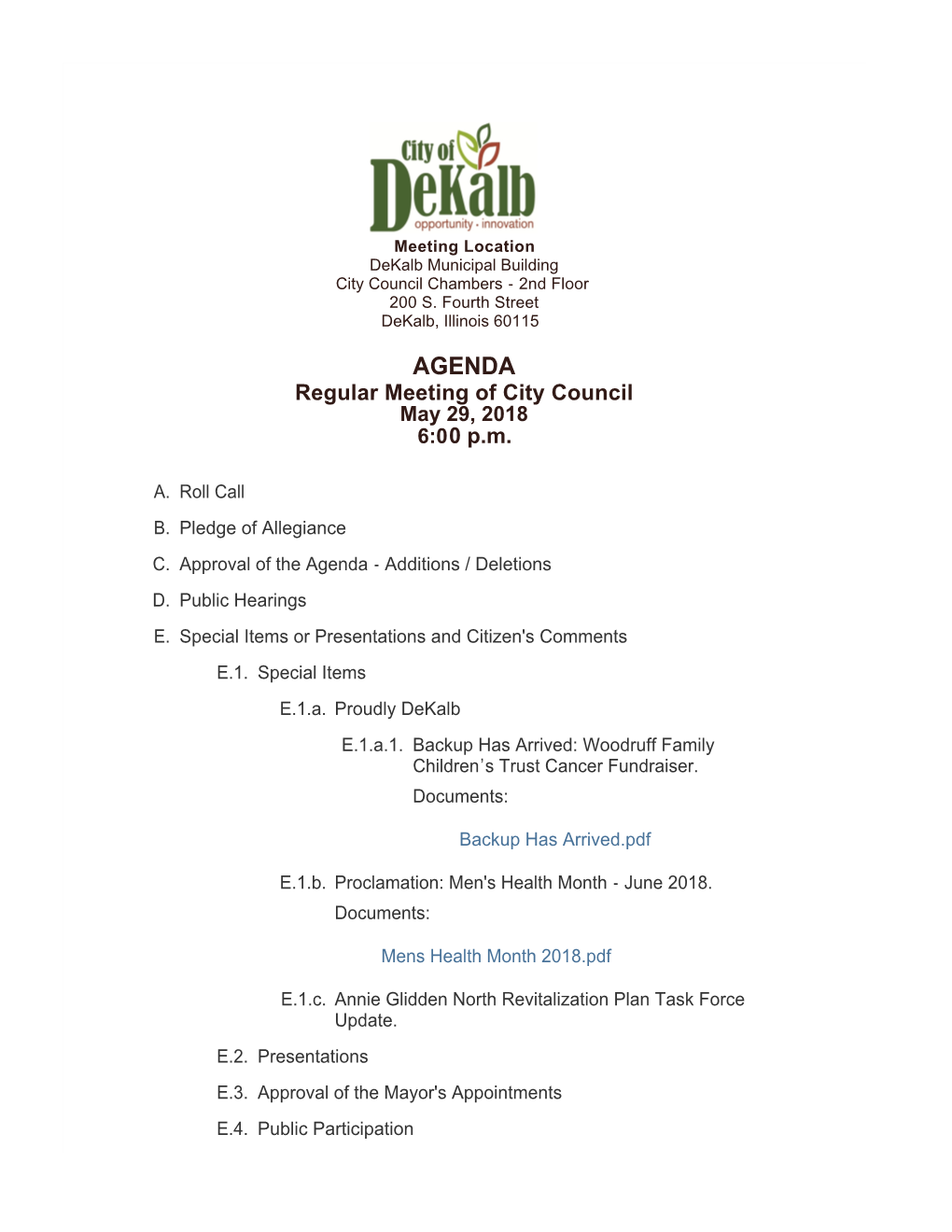 AGENDA Regular Meeting of City Council May 29, 2018 6:00 P.M