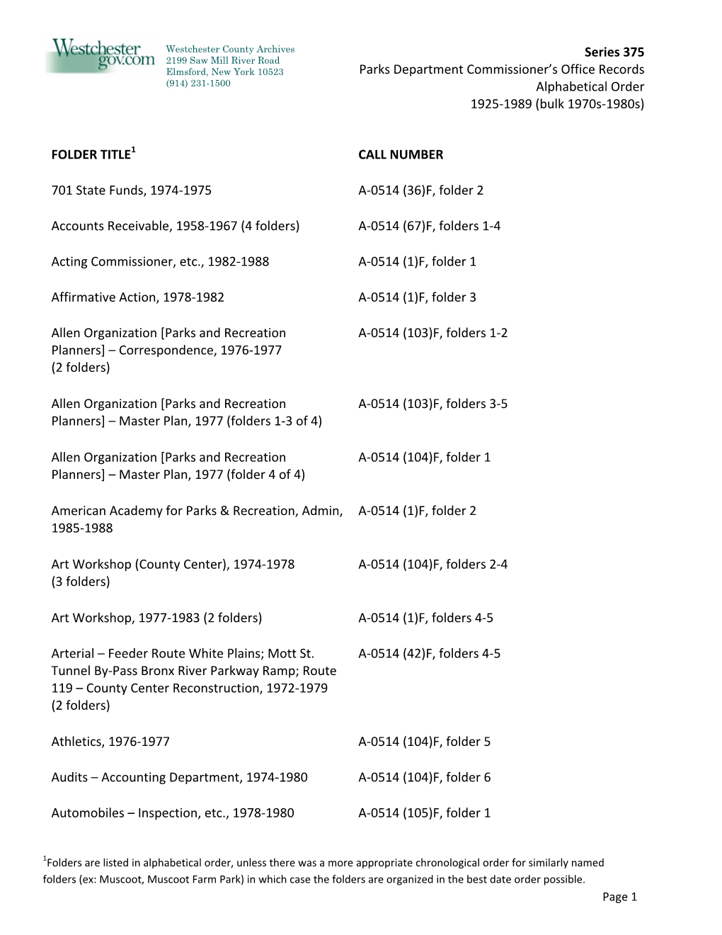 Series 375 Parks Department Commissioner's Office Records Alphabetical Order 1925-1989