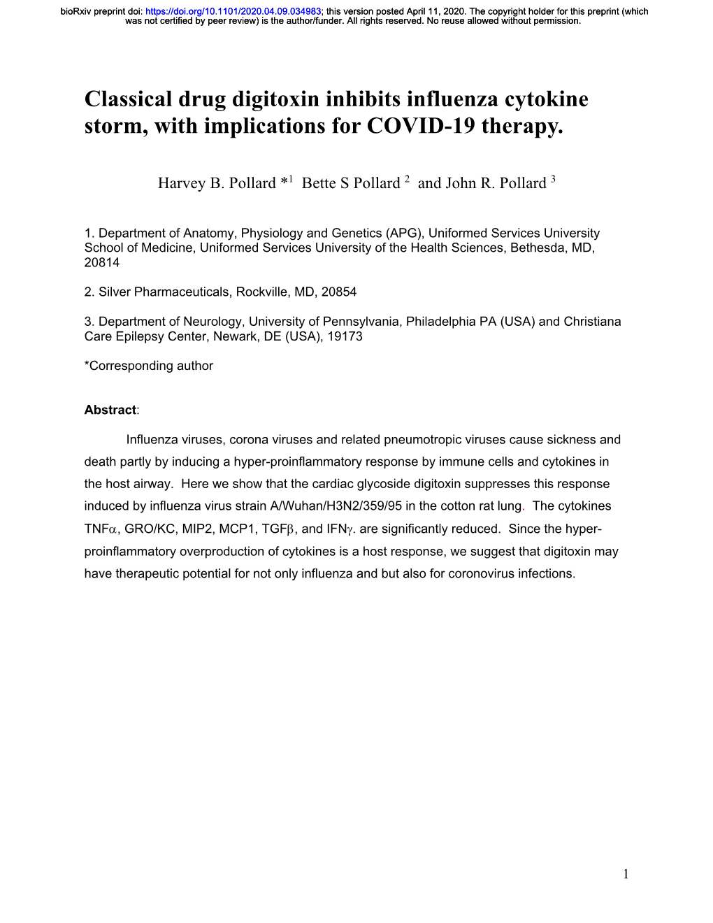 Classical Drug Digitoxin Inhibits Influenza Cytokine Storm, with Implications for COVID-19 Therapy