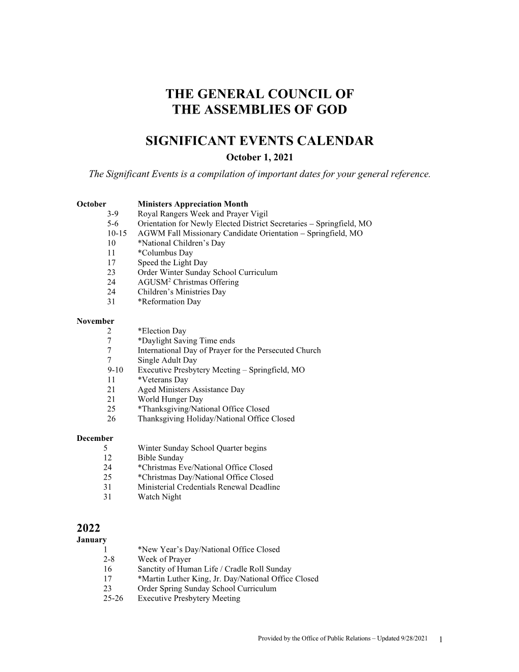 The General Council of the Assemblies of God Significant Events Calendar