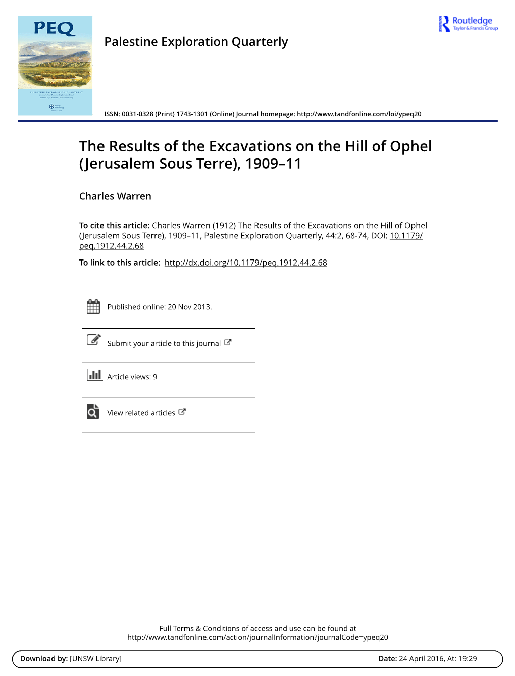 The Results of the Excavations on the Hill of Ophel (Jerusalem Sous Terre), 1909–11