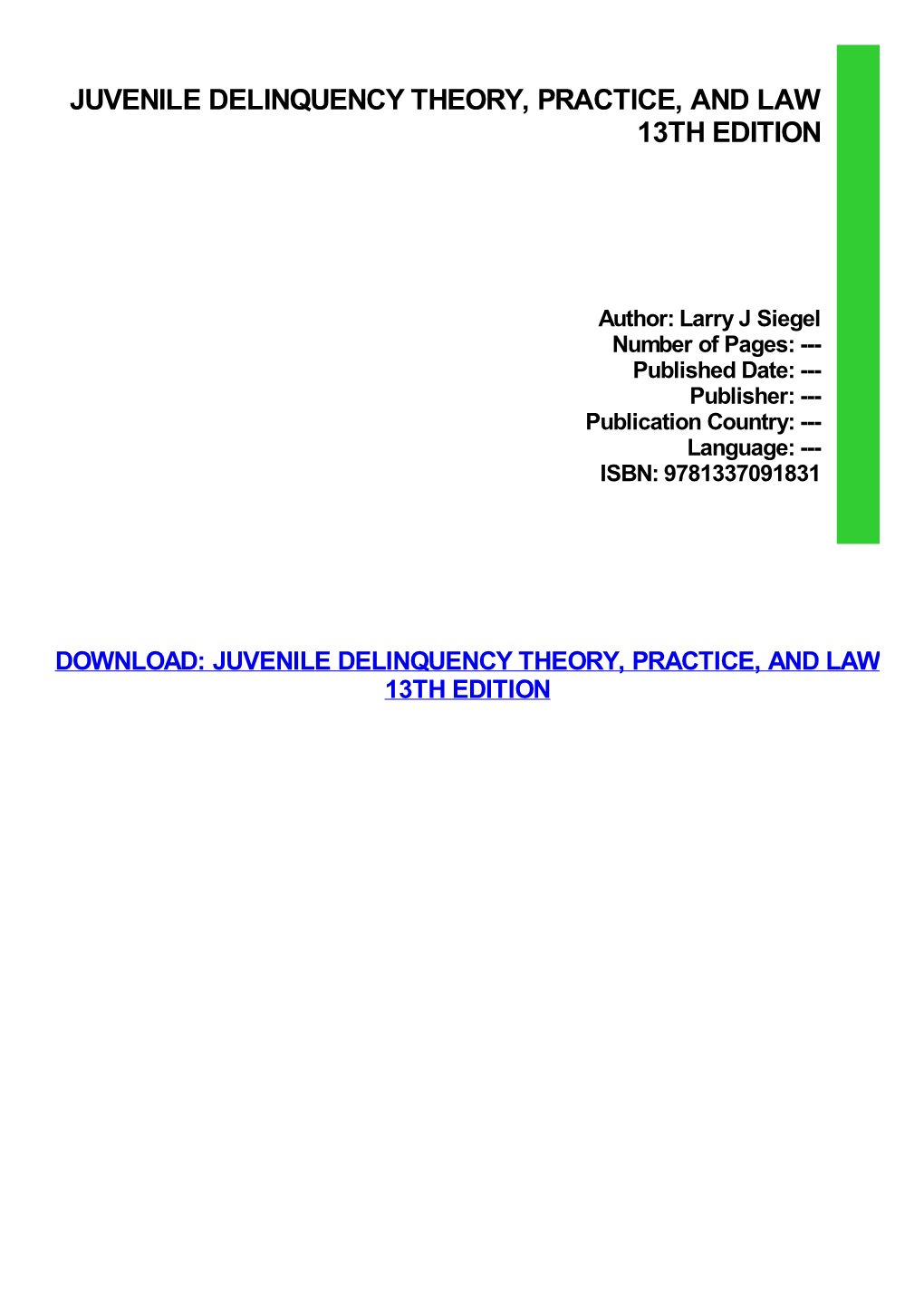 Ebook Download Juvenile Delinquency Theory, Practice
