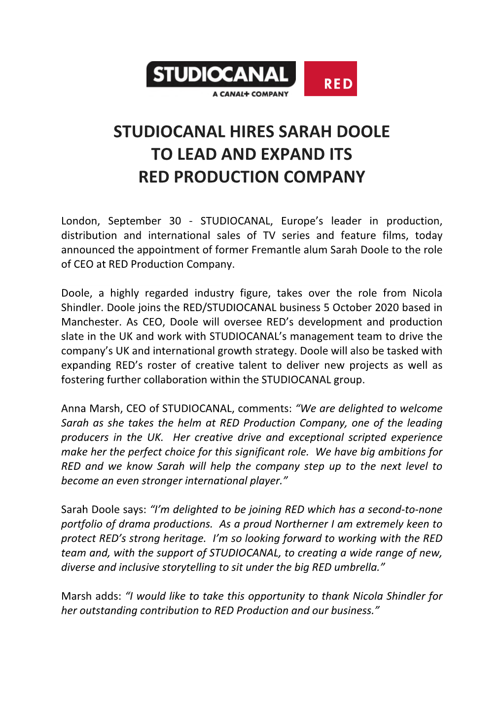 Studiocanal Hires Sarah Doole to Lead and Expand Its Red Production Company