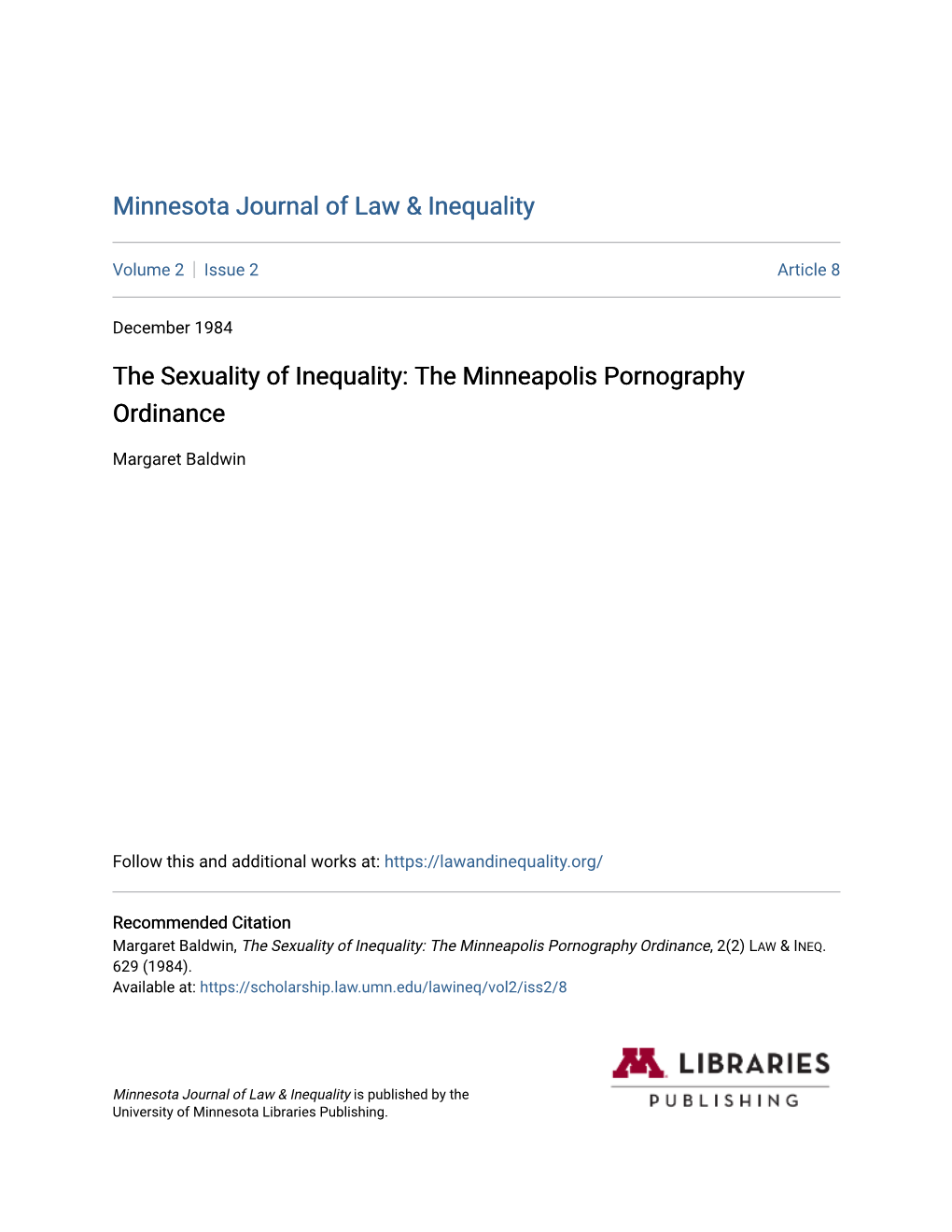 The Sexuality of Inequality: the Minneapolis Pornography Ordinance