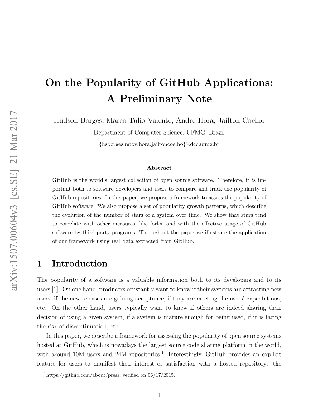 On the Popularity of Github Applications: a Preliminary Note