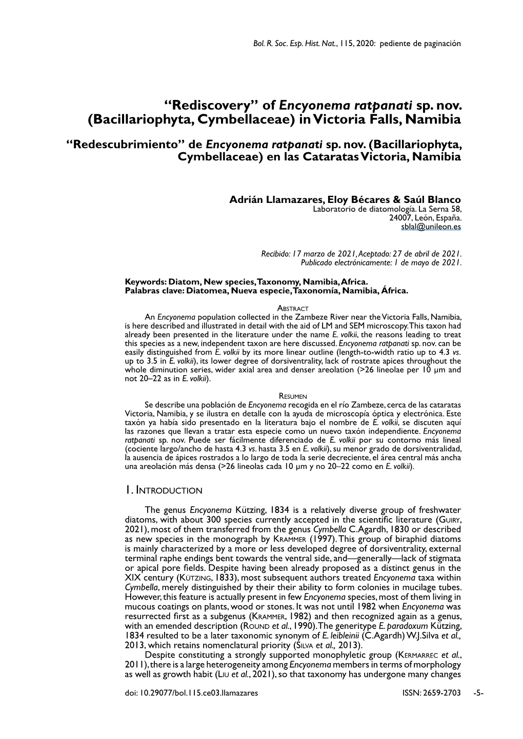 “Rediscovery” of Encyonema Ratpanati Sp. Nov. (Bacillariophyta, Cymbellaceae) in Victoria Falls, Namibia “Redescubrimiento” De Encyonema Ratpanati Sp