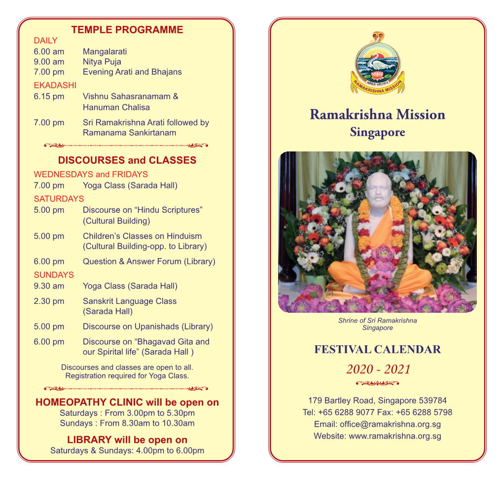 Ramakrishna Mission Singapore Festival Calendar 2021-2022