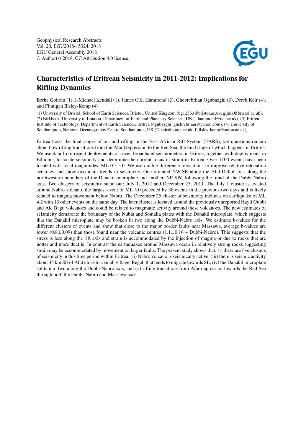 Characteristics of Eritrean Seismicity in 2011-2012: Implications for Rifting Dynamics