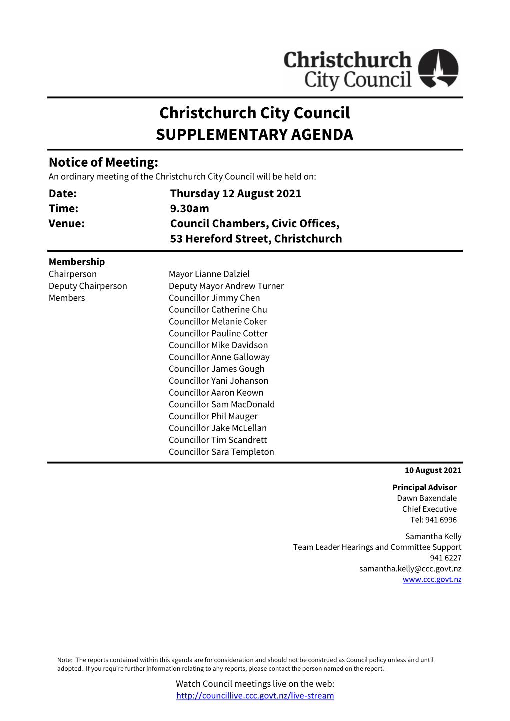 Supplementary Agenda of Council