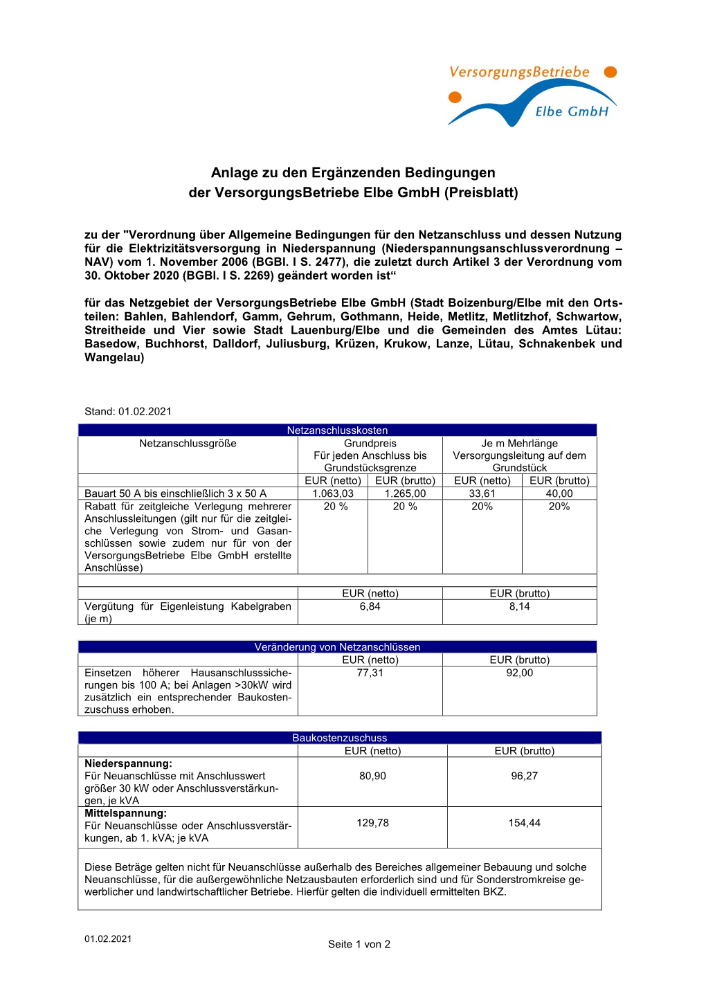 Anlage Zu Den Ergänzenden Bedingungen Zur NAV (Preisblatt