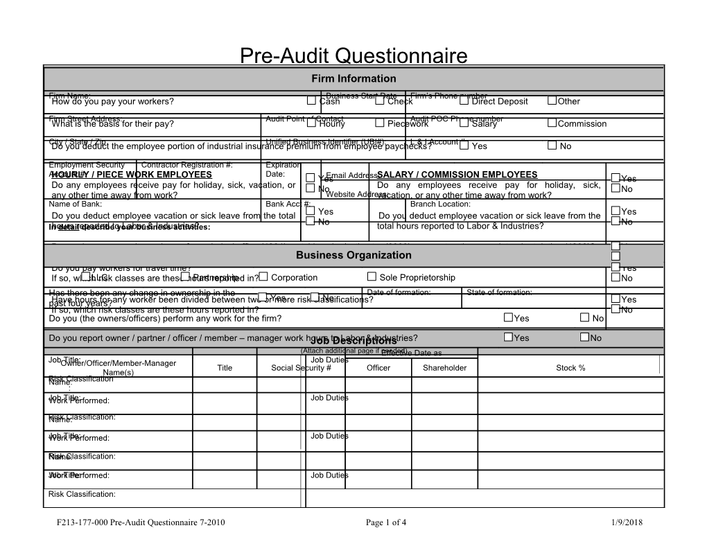 Pre Audit Questionnaire