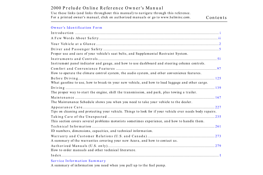 2000 Prelude Online Reference Owner's Manual Contents