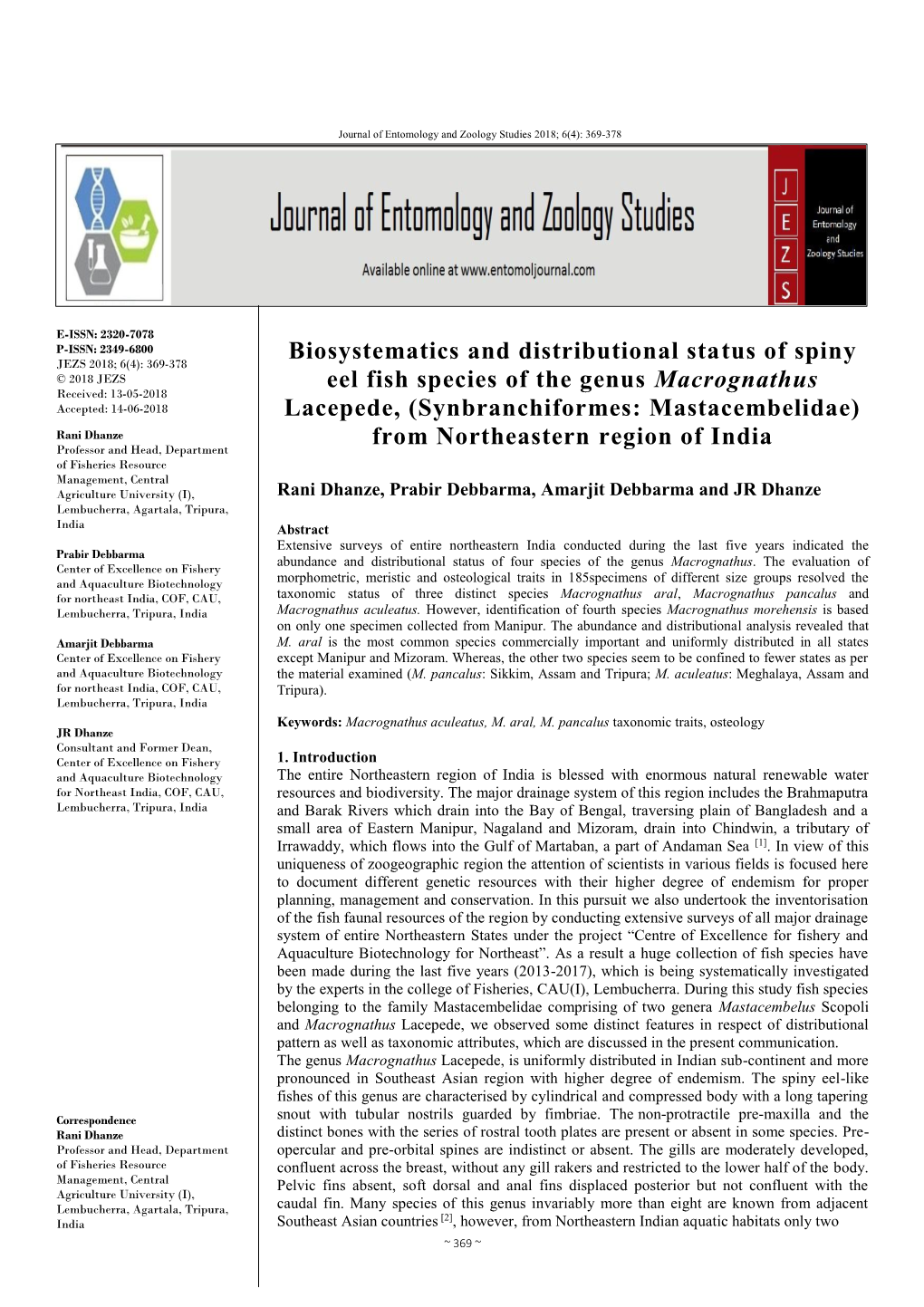 Biosystematics and Distributional Status of Spiny Eel Fish Species Of