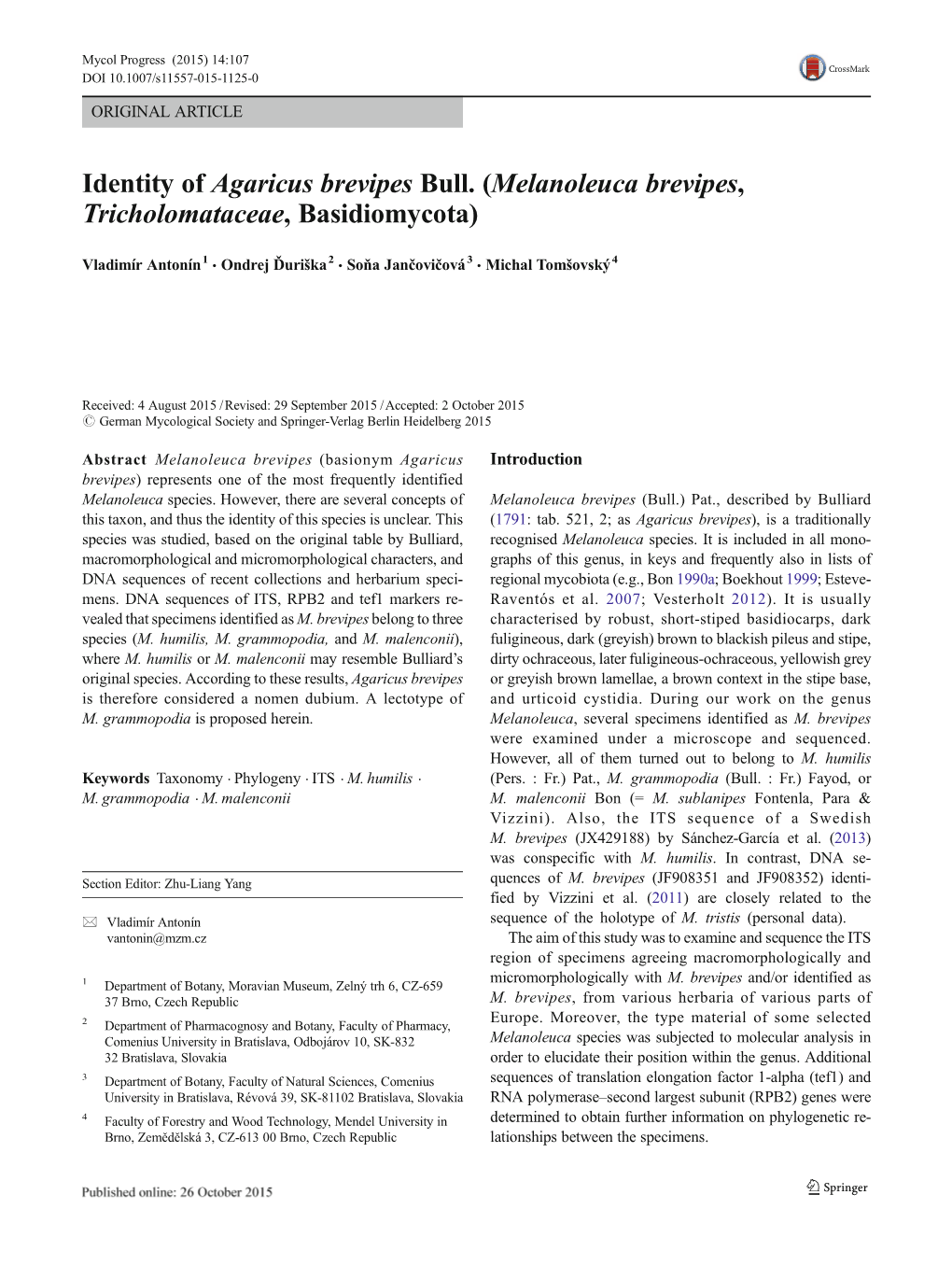 Identity of Agaricus Brevipes Bull. (Melanoleuca Brevipes, Tricholomataceae, Basidiomycota)