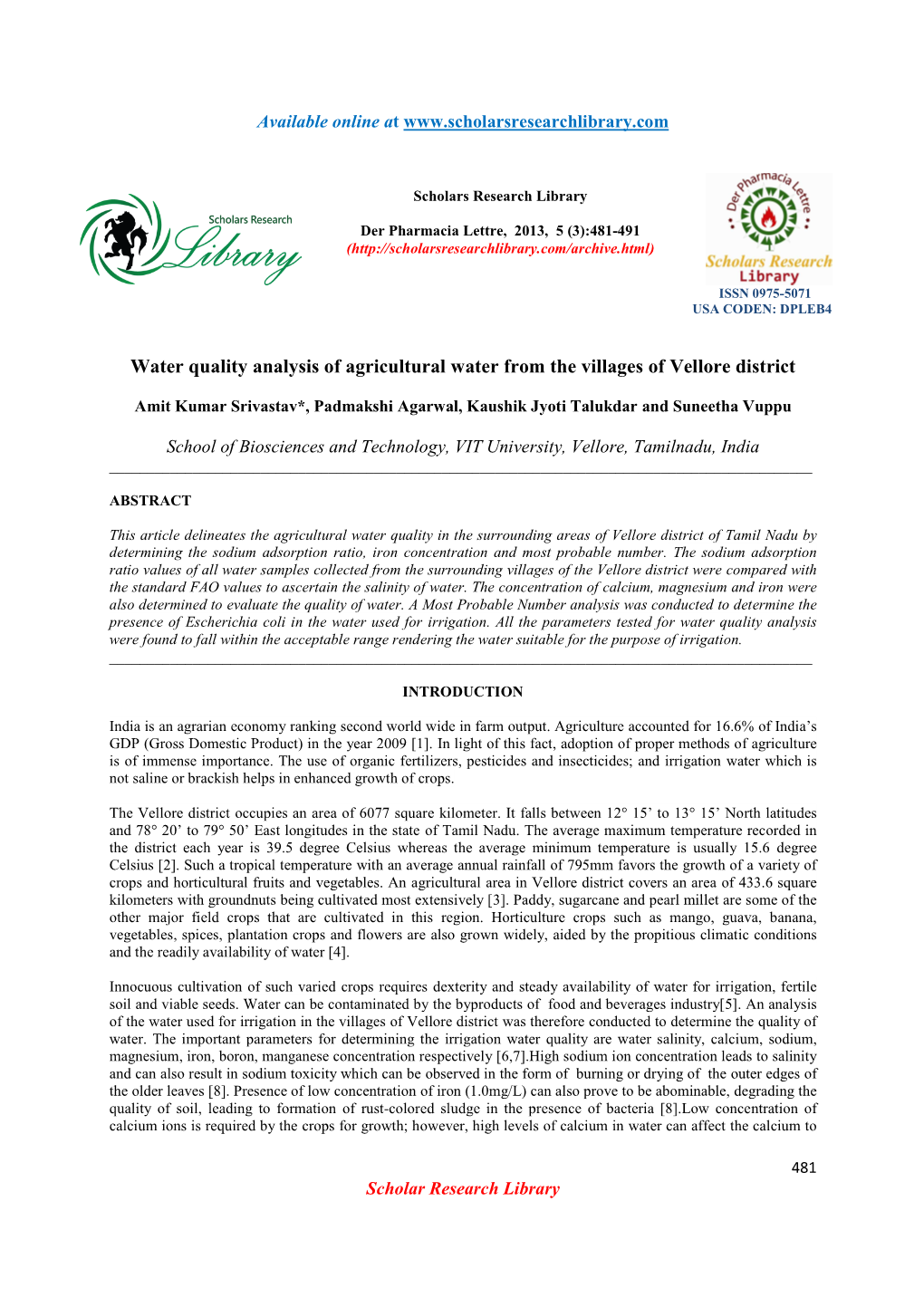 Water Quality Analysis of Agricultural Water from the Villages of Vellore District