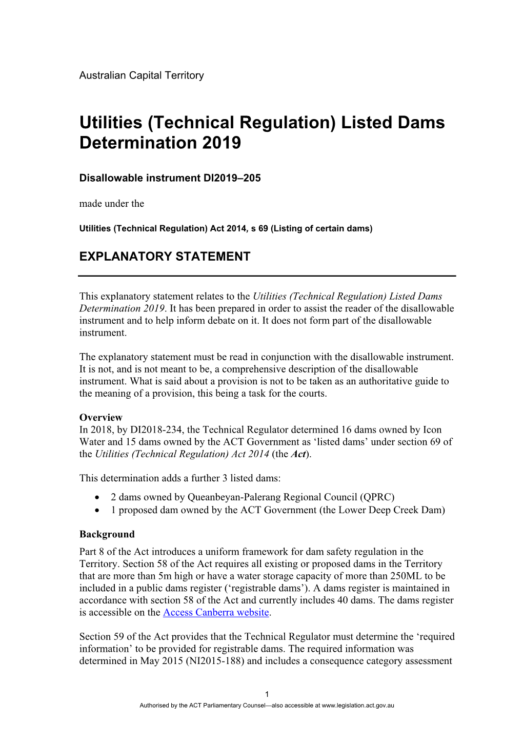 Utilities (Technical Regulation) Listed Dams Determination 2019