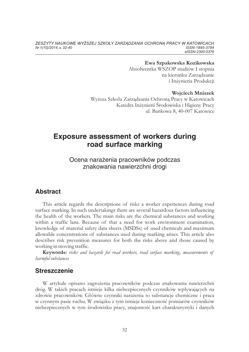 Exposure Assessment of Workers During Road Surface Marking