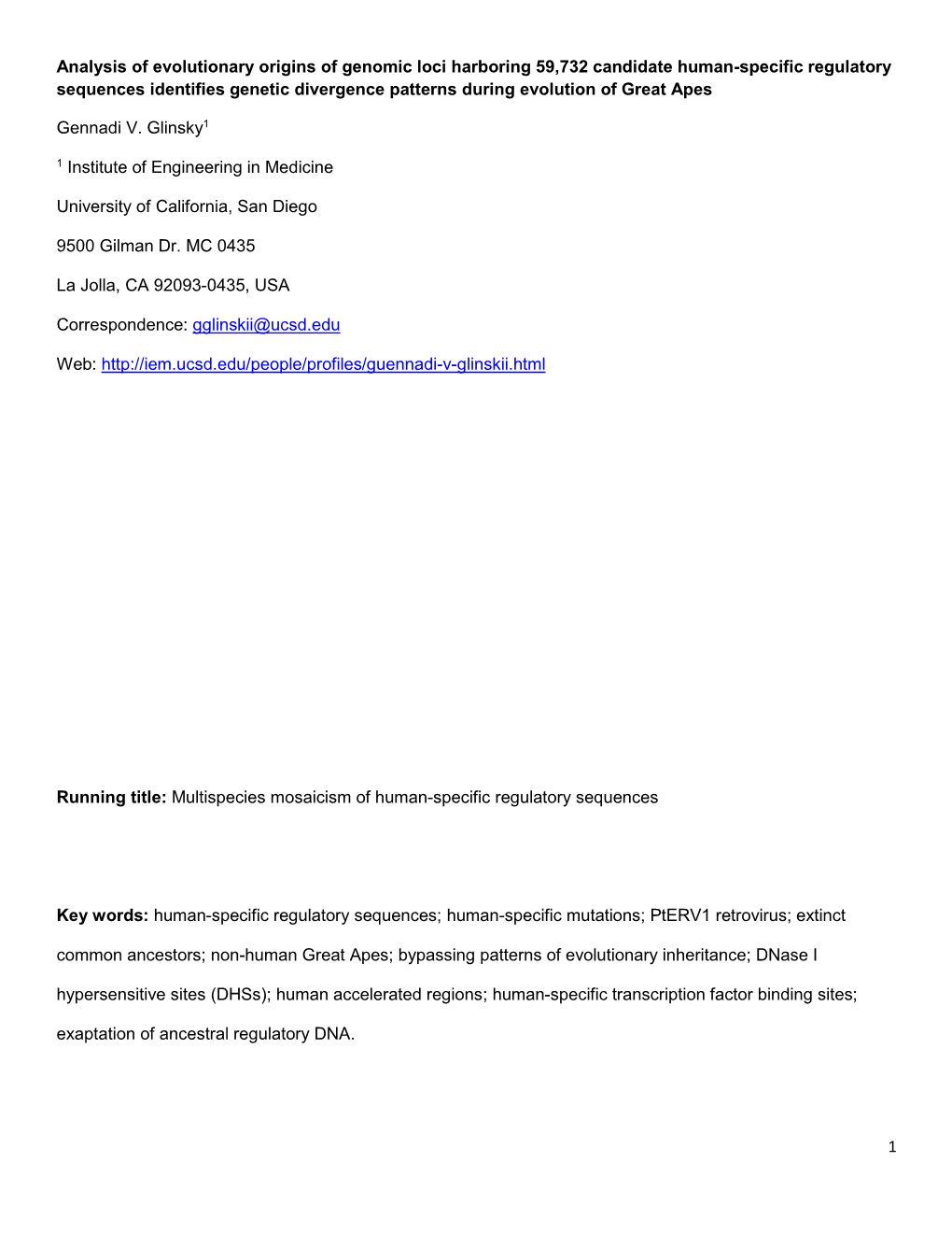 1 Analysis of Evolutionary Origins of Genomic Loci Harboring