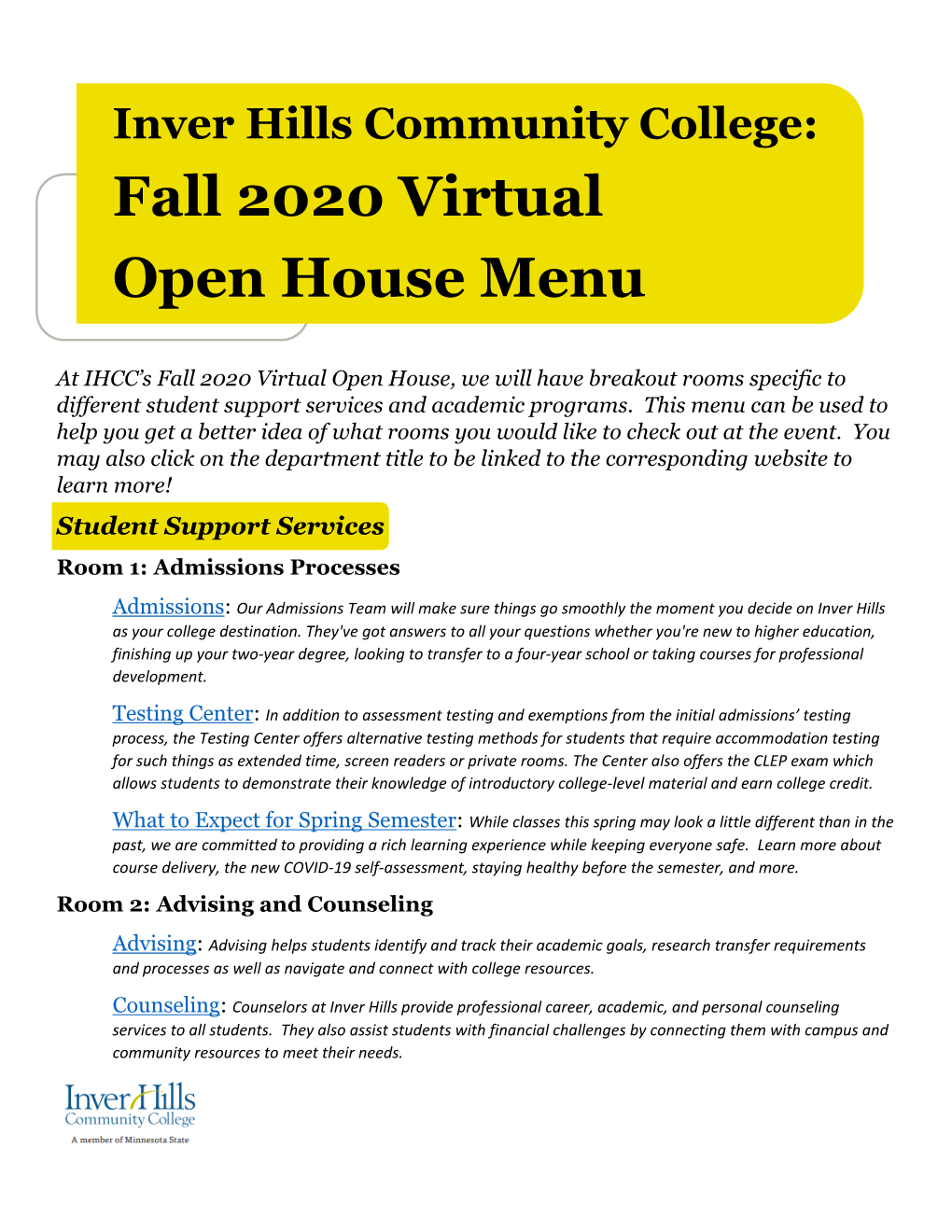 Fall 2020 Virtual Open House Menu