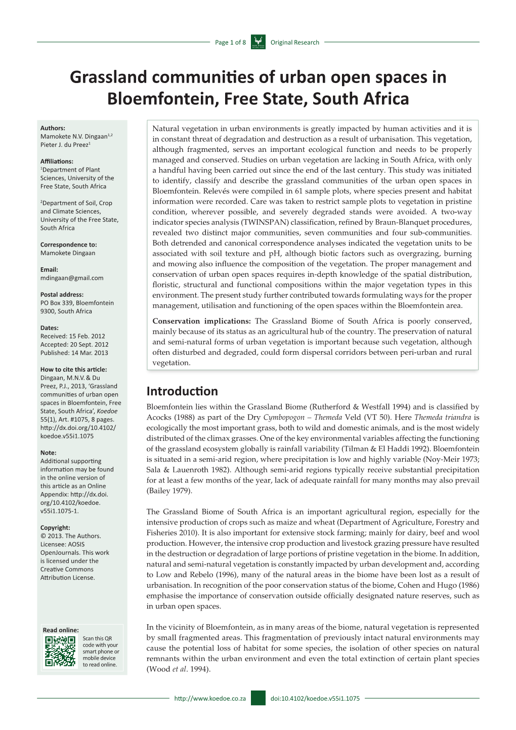 Grassland Communities of Urban Open Spaces in Bloemfontein, Free State, South Africa