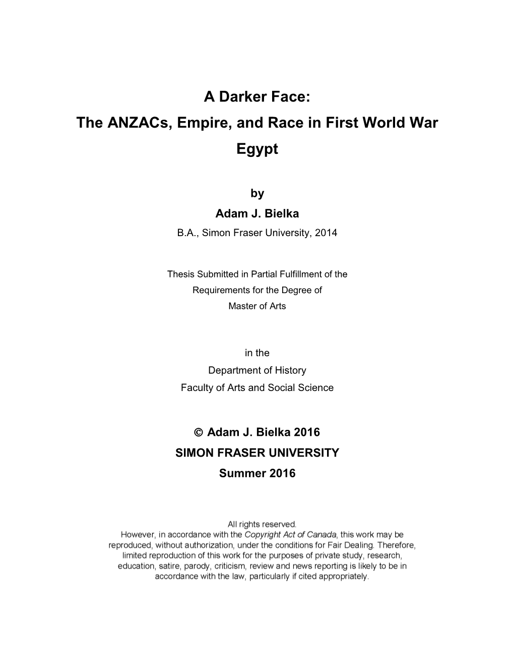 The Anzacs, Empire, and Race in First World War Egypt