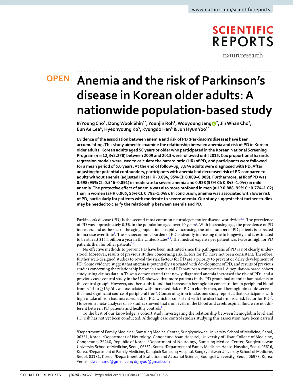 Anemia and the Risk of Parkinson's Disease in Korean Older Adults