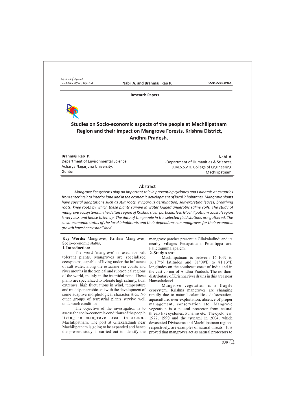 Studies on Socio-Economic Aspects of the People at Machilipatnam Region and Their Impact on Mangrove Forests, Krishna District, Andhra Pradesh