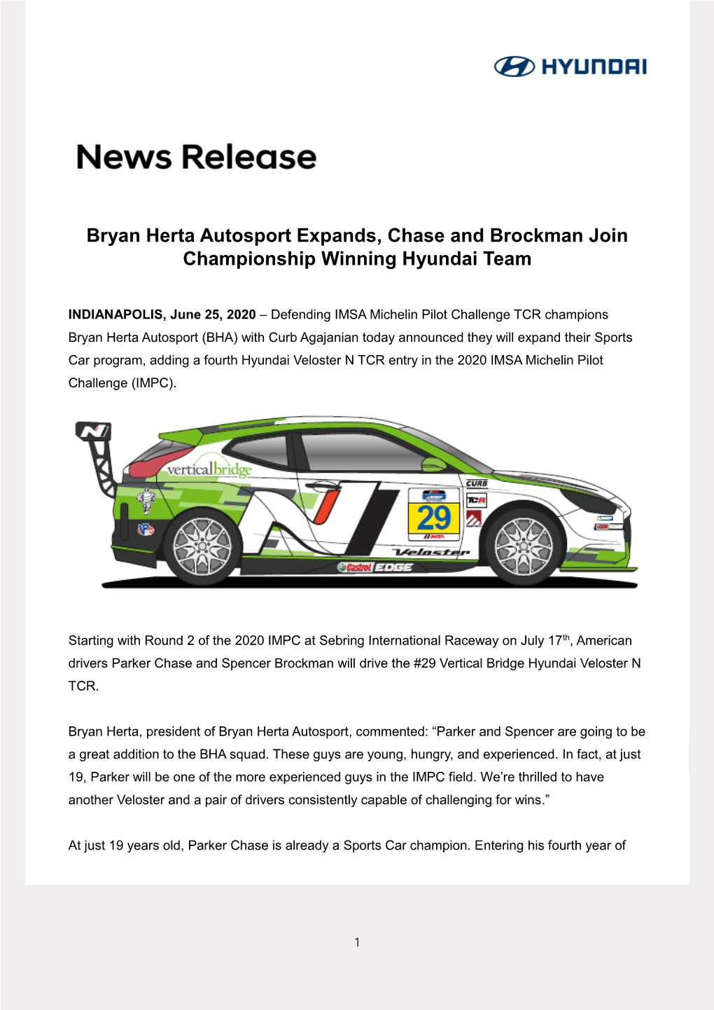Bryan Herta Autosport Expands, Chase and Brockman Join Championship Winning Hyundai Team