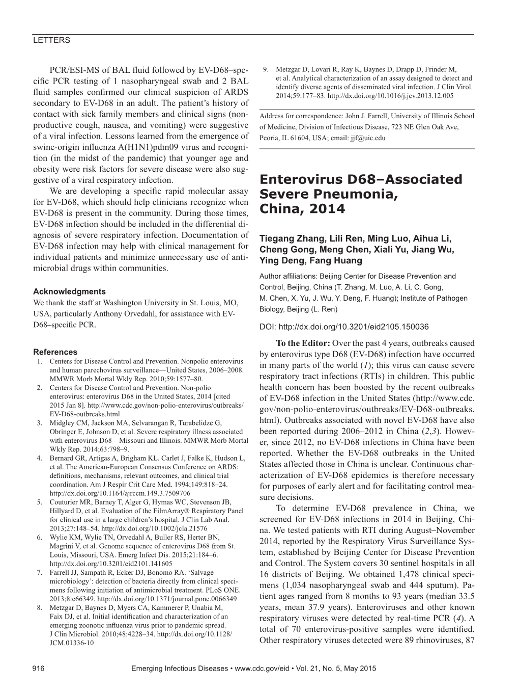 Enterovirus D68–Associated Severe Pneumonia, China, 2014