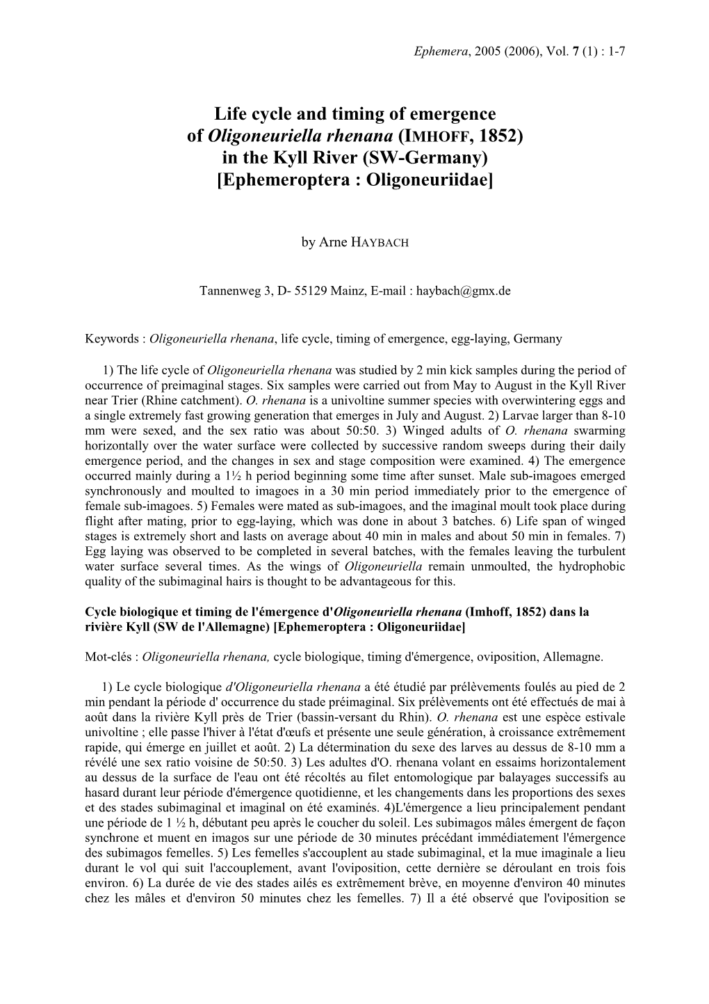 Life Cycle and Timing of Emergence of Oligoneuriella Rhenana (IMHOFF, 1852) in the Kyll River (SW-Germany) [Ephemeroptera : Oligoneuriidae]