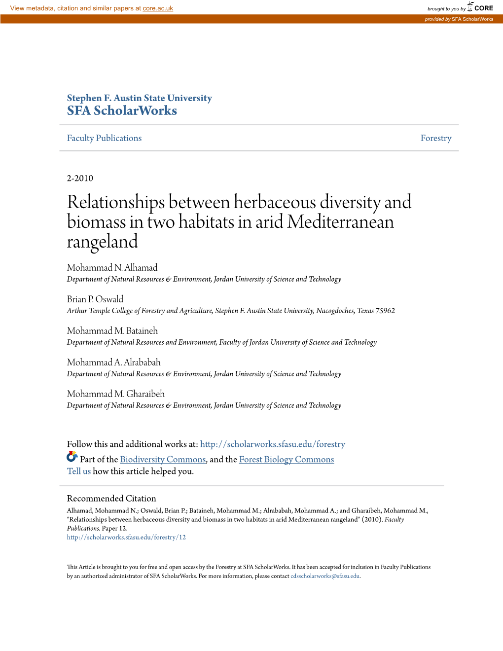 Relationships Between Herbaceous Diversity and Biomass in Two Habitats in Arid Mediterranean Rangeland Mohammad N