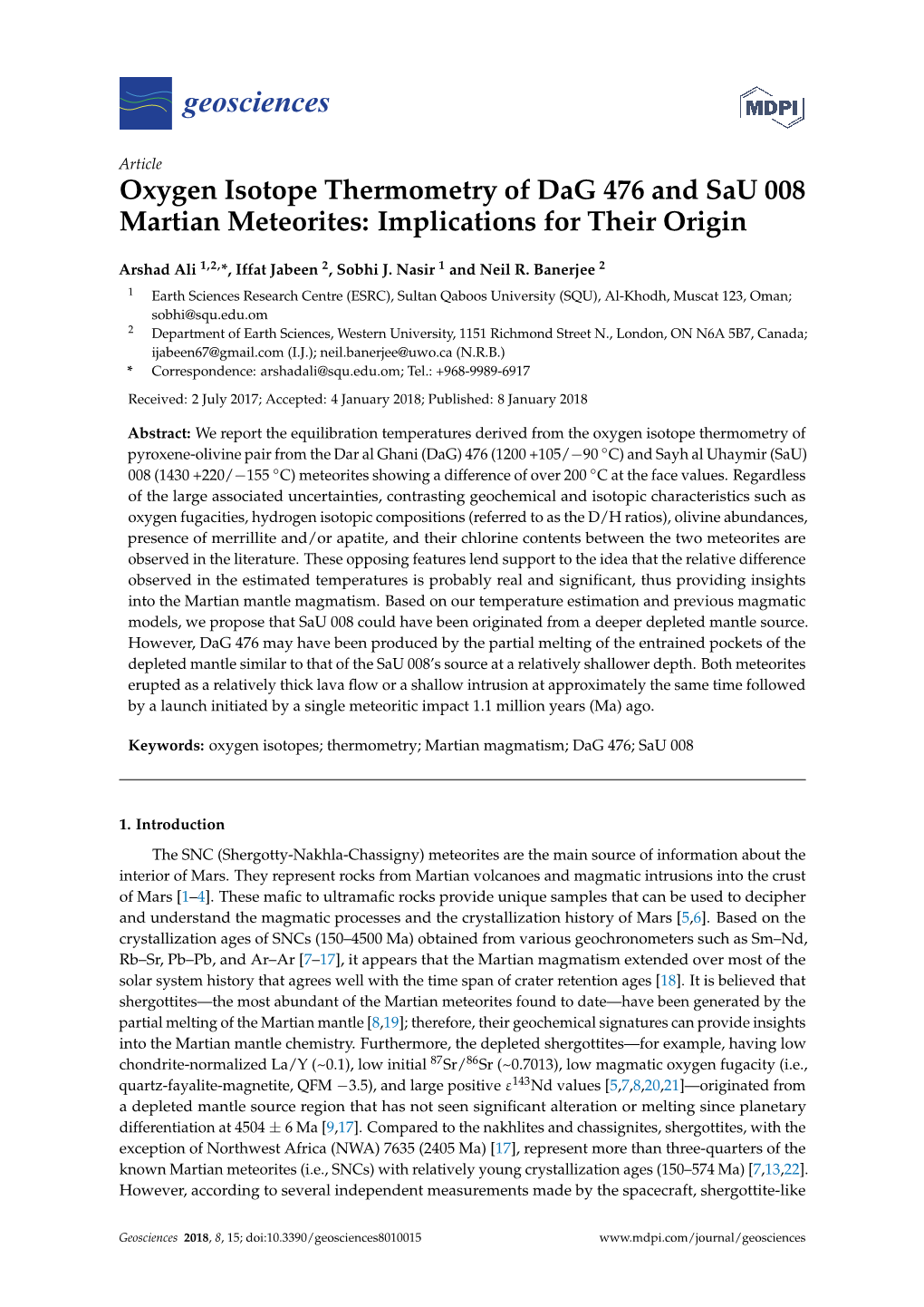 Oxygen Isotope Thermometry of Dag 476 and Sau 008 Martian Meteorites: Implications for Their Origin