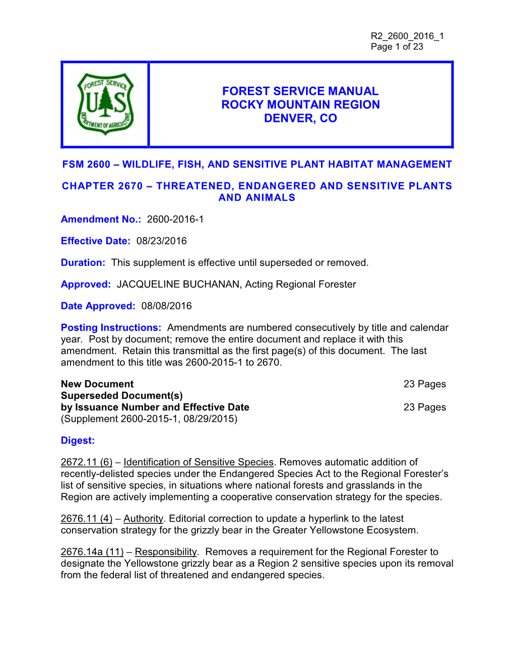 Forest Service Manual Rocky Mountain Region Denver, Co