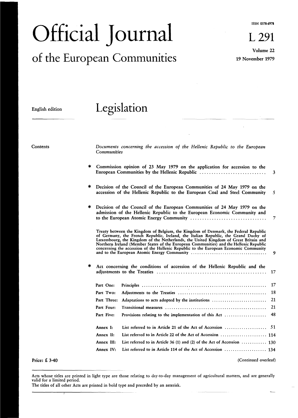 Official Journal L 291 Volume 22 of the European Communities 19 November 1979