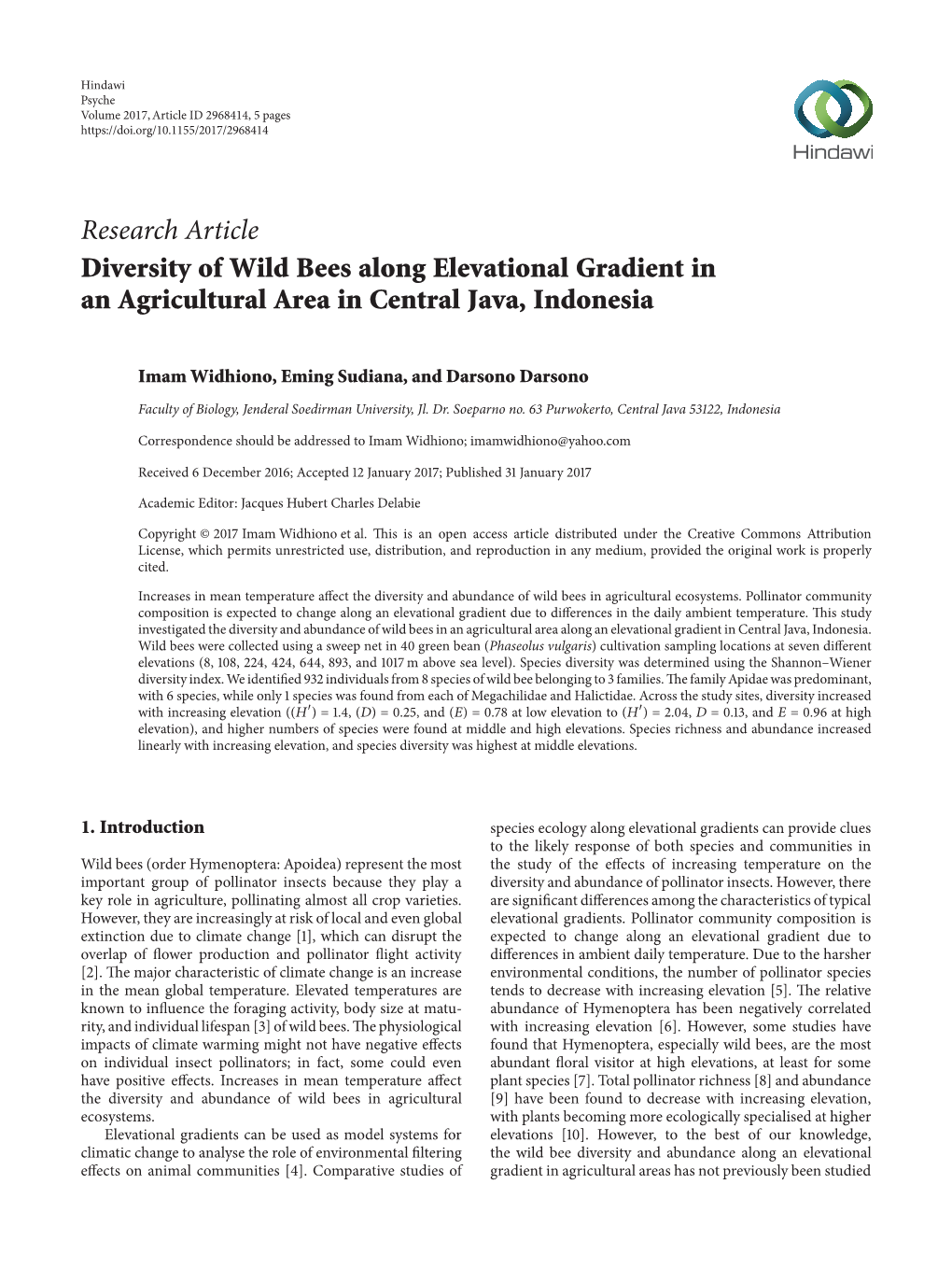 Research Article Diversity of Wild Bees Along Elevational Gradient in an Agricultural Area in Central Java, Indonesia