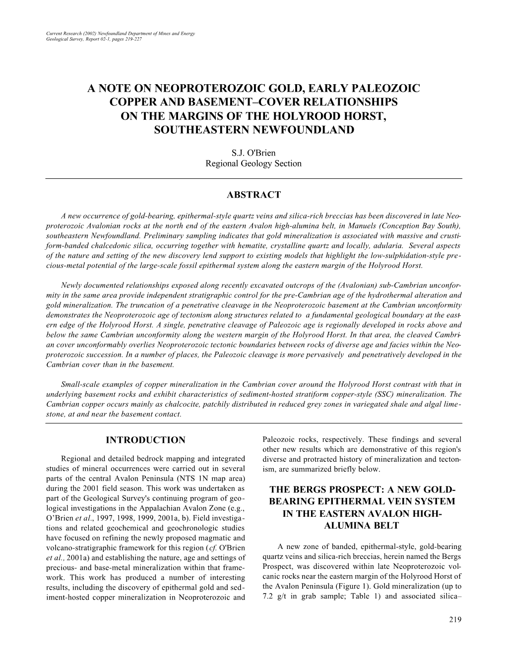 A Note on Neoproterozoic Gold, Early Paleozoic Copper and Basement–Cover Relationships on the Margins of the Holyrood Horst, Southeastern Newfoundland