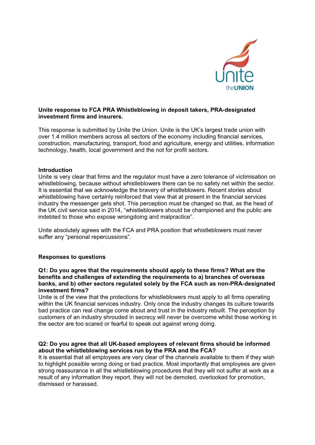 Unite Response to FCA PRA Whistleblowing in Deposit Takers, PRA-Designated Investment