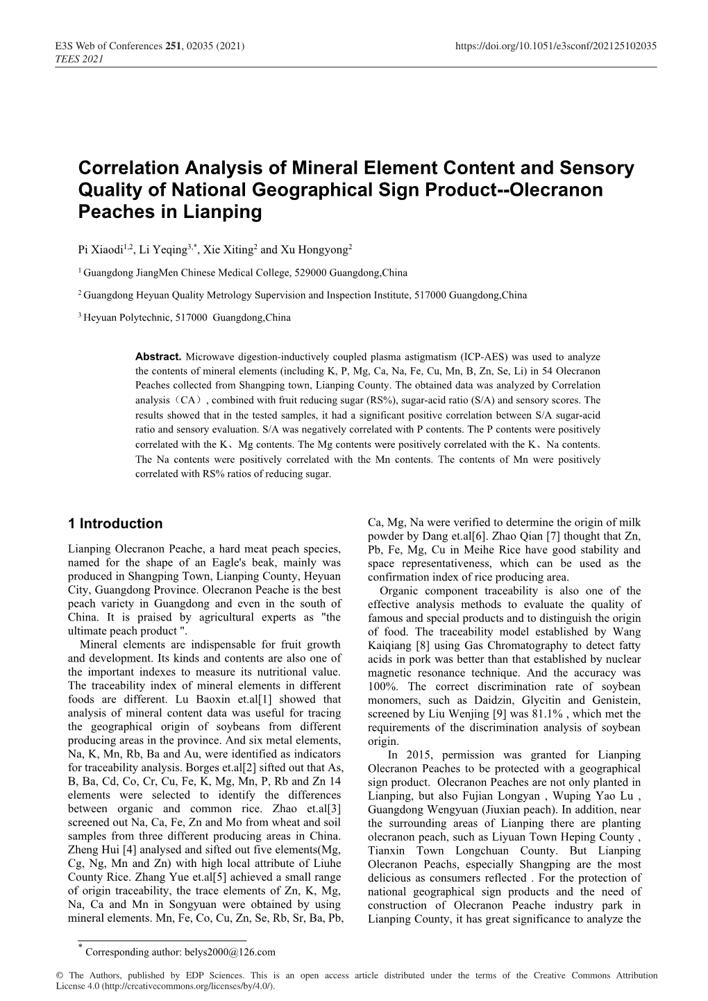 Correlation Analysis of Mineral Element Content and Sensory Quality of National Geographical Sign Product--Olecranon Peaches in Lianping