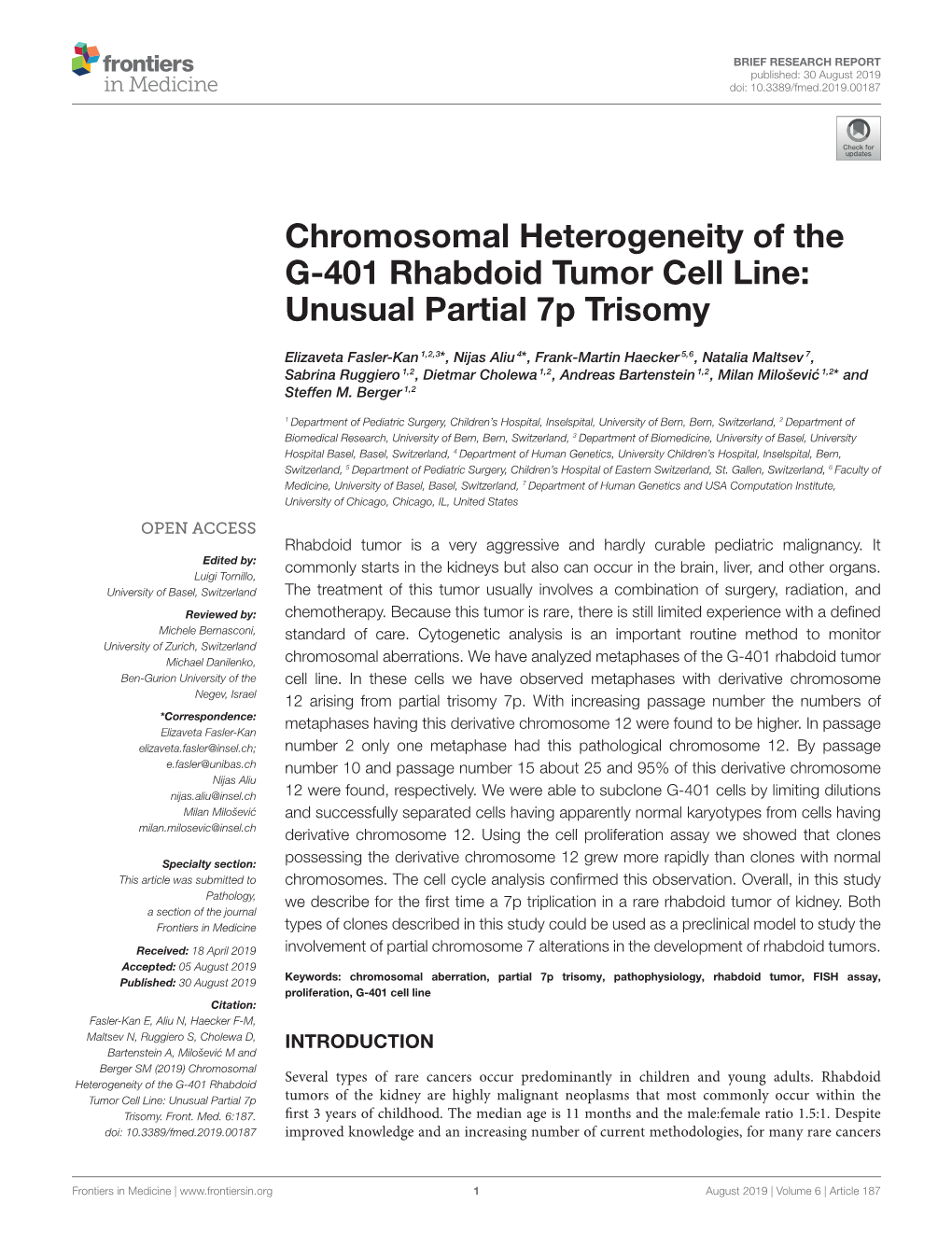 Chromosomal Heterogeneity of the G-401 Rhabdoid Tumor Cell Line: Unusual Partial 7P Trisomy