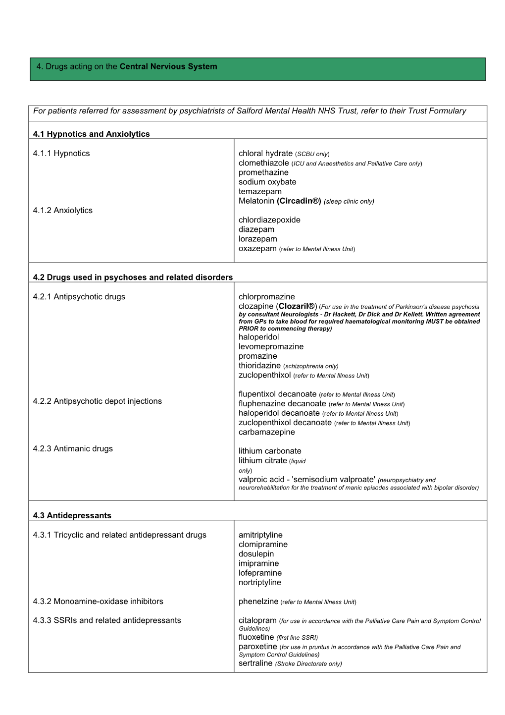 For Patients Referred for Assessment by Psychiatrists of Salford Mental Health NHS Trust, Refer to Their Trust Formulary