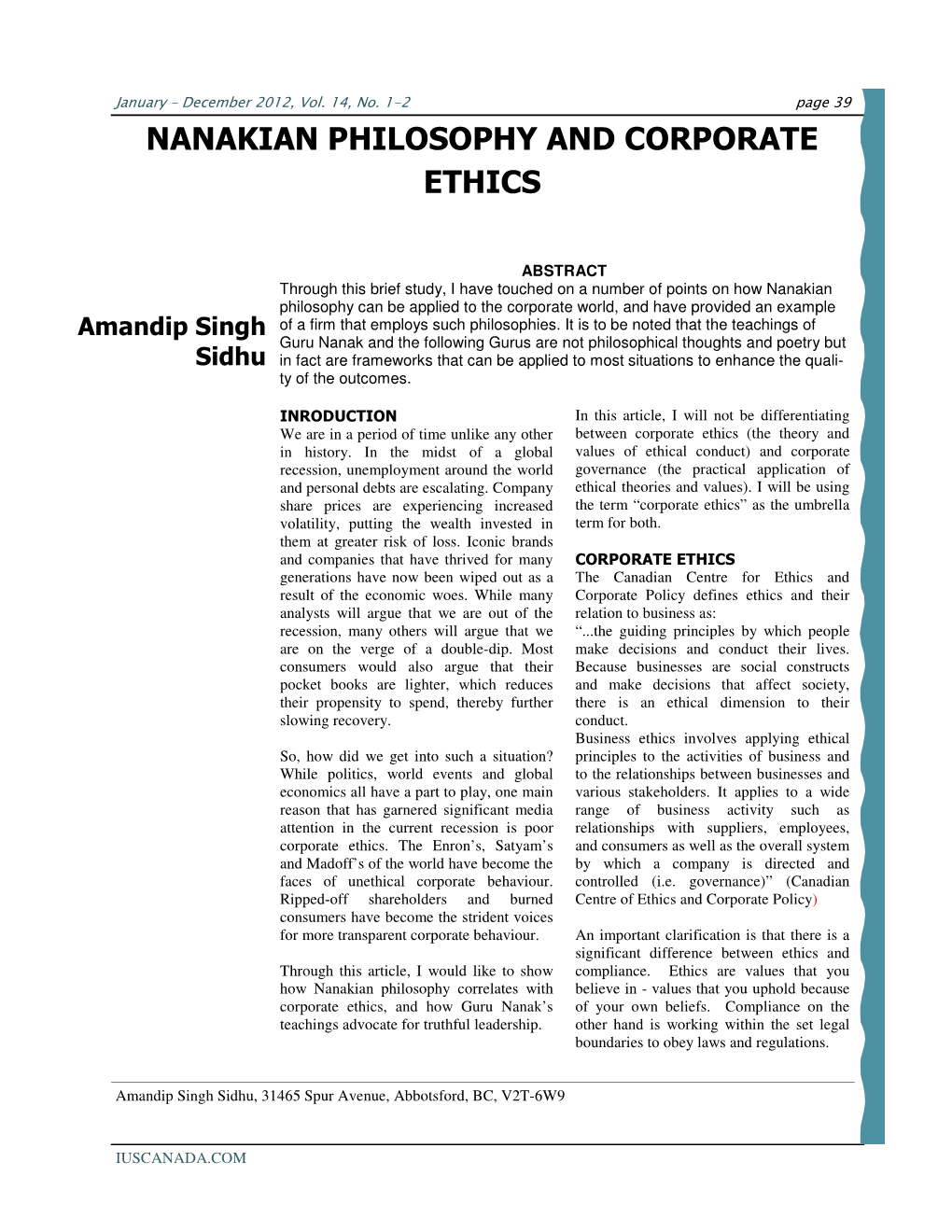 Nanakian Philosophy and Corporate Ethics