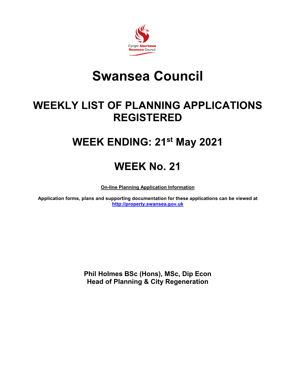 Swansea Council WEEKLY LIST of PLANNING APPLICATIONS