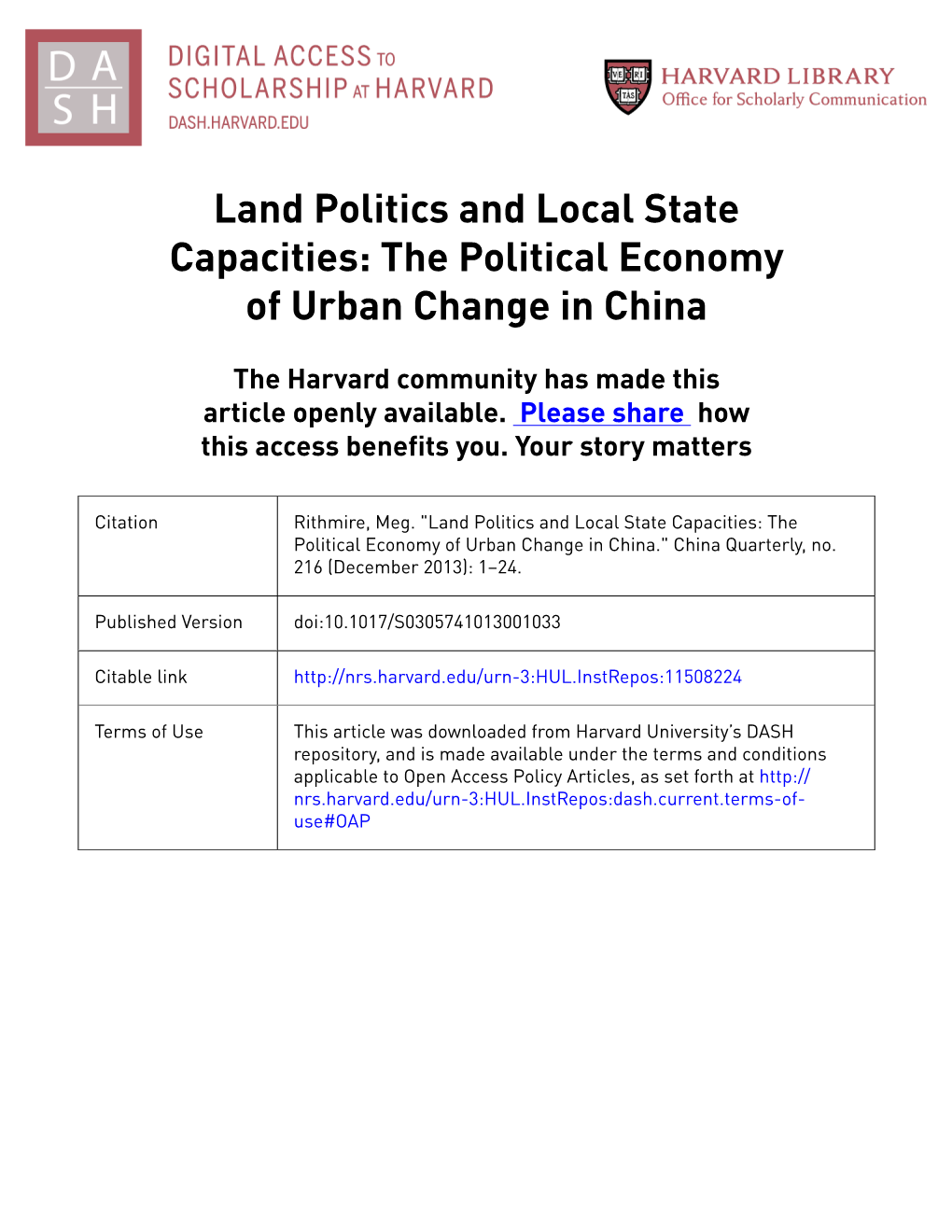 The Political Economy of Urban Change in China